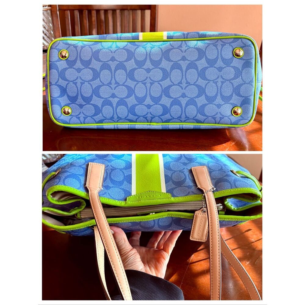 COACH  - Signature Stripe Drawstring Carryall Bag in Blue w/Lime Green Trim - Picture 8 of 14